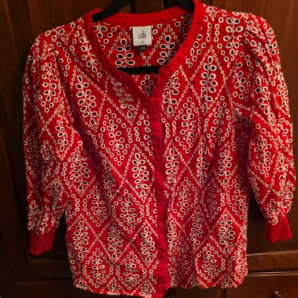 CAbi Red and White Embroidered Cardigan